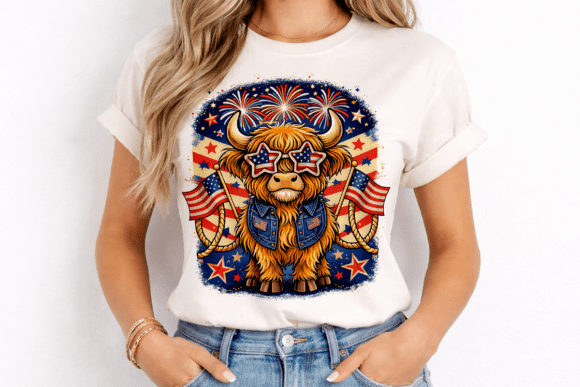Patriotic Cow T-Shirt Design PNG Graphic: Stars, Stripes, and Highland Flair